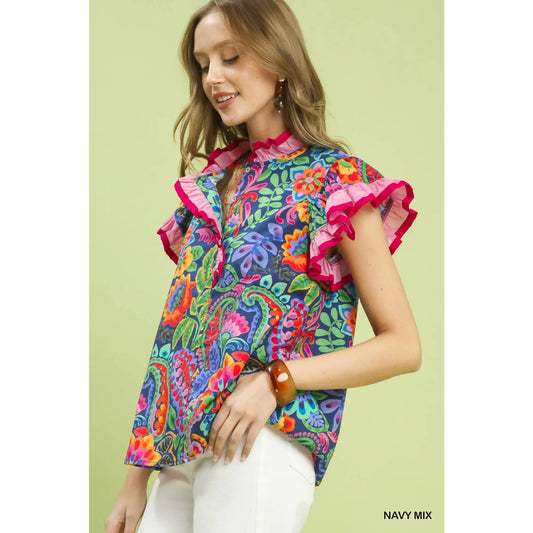 Ruffle Trim Paisley Floral Top