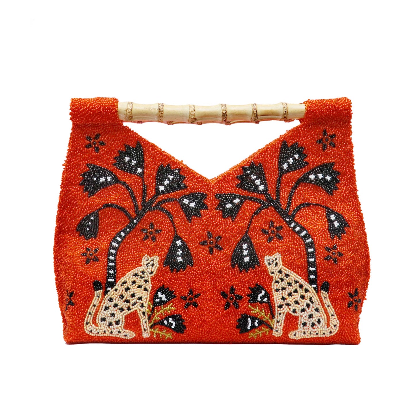 Hand Beaded Bamboo Orange Cheetah Bag