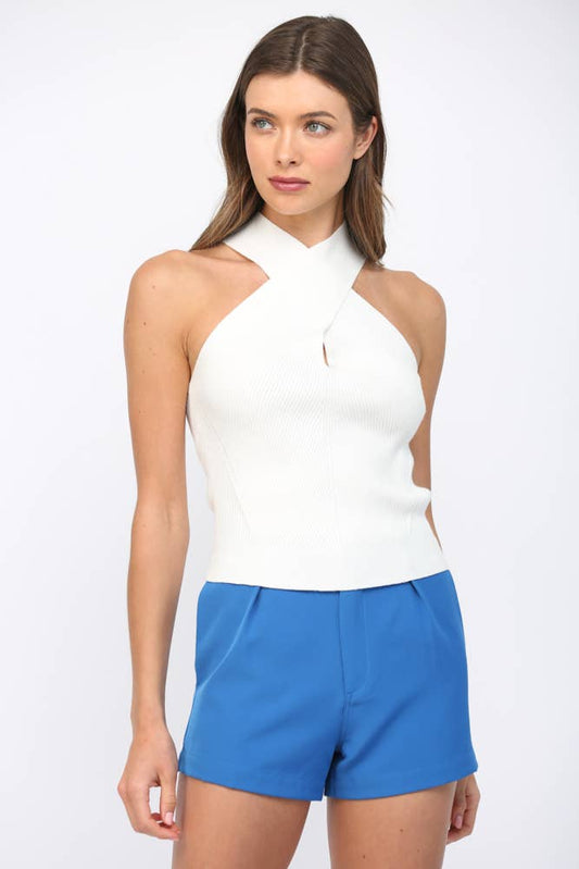 CROSS FRONT HALTER NECK KNIT TOP