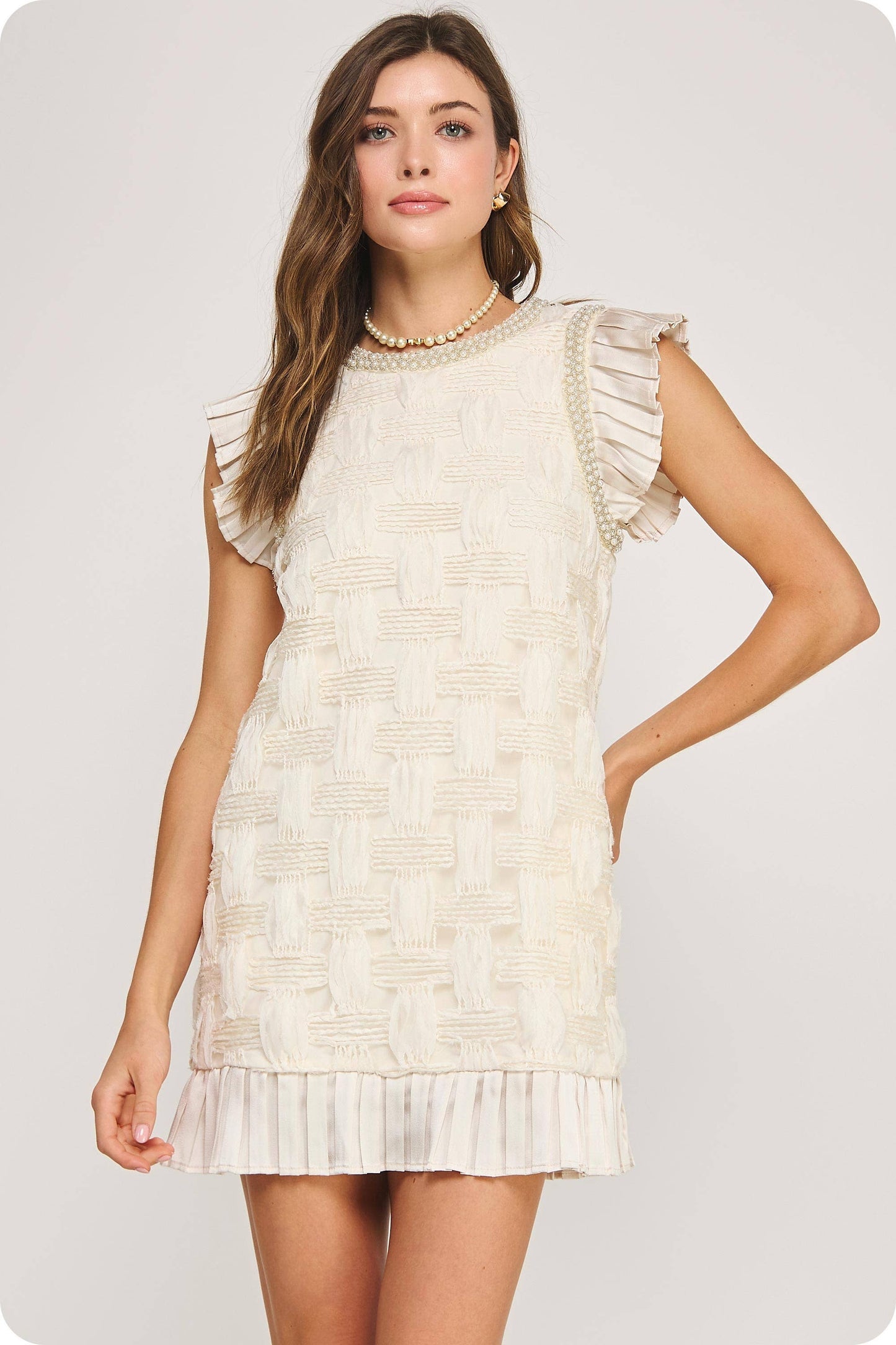 Pearl Trim Detail Textured Mini Dress
