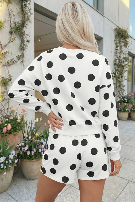 Polka Dot Print Drop Shoulder Pullover and Shorts Set