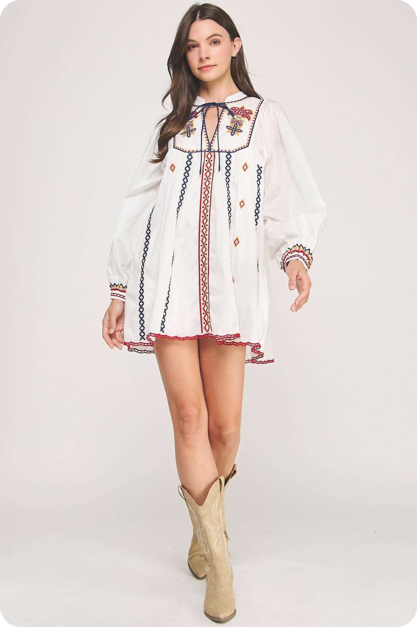 Embroidered Long Sleeve Mini Dress