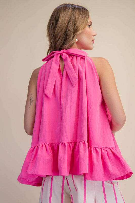 Halter Neck Sleeveless Back Neck Tie Ruffle Top