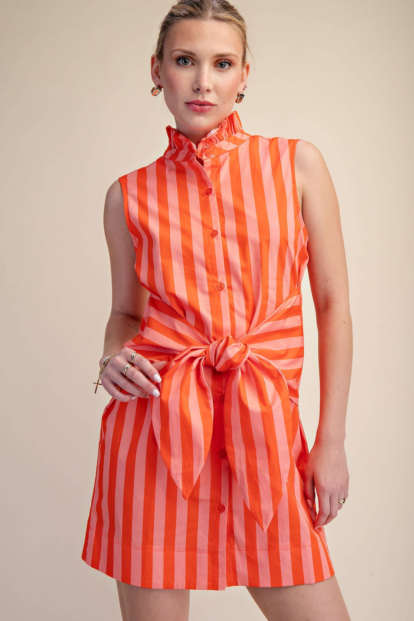 Ruffle Neck Sleeveless Waist Tie Detail Stripe Mini Dress
