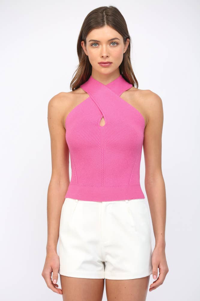 CROSS FRONT HALTER NECK KNIT TOP