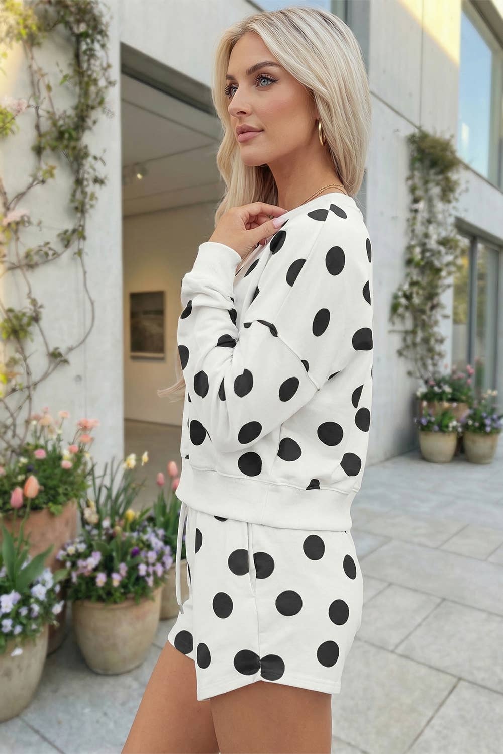 Polka Dot Print Drop Shoulder Pullover and Shorts Set