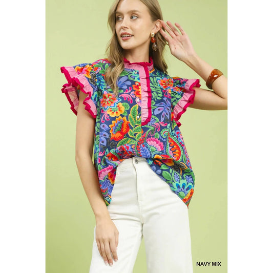 Ruffle Trim Paisley Floral Top