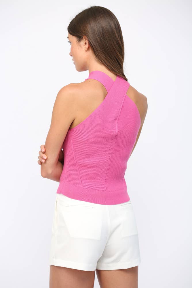 CROSS FRONT HALTER NECK KNIT TOP