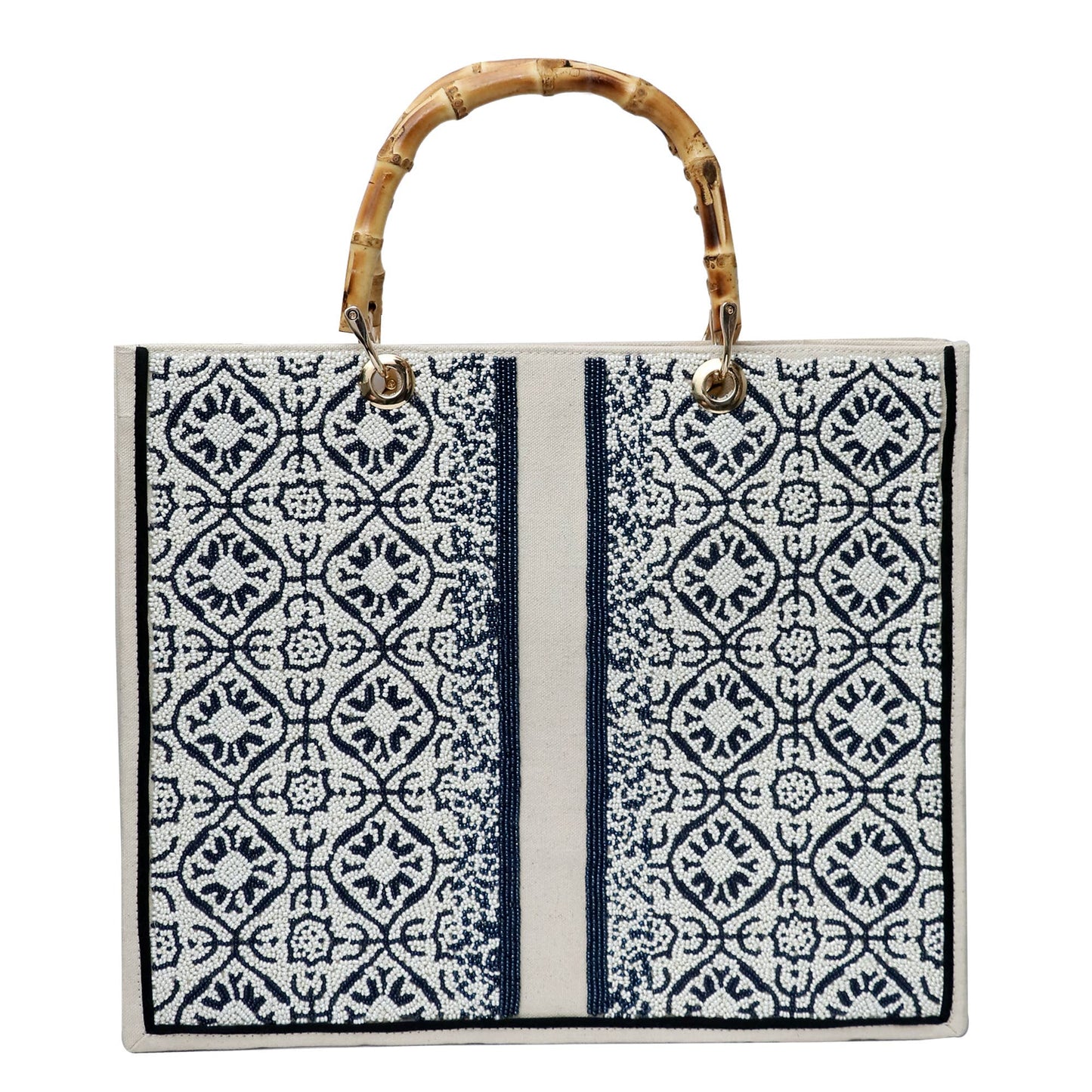 Navy & White Hand-Beaded Bag