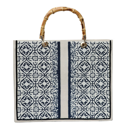 Navy & White Hand-Beaded Bag