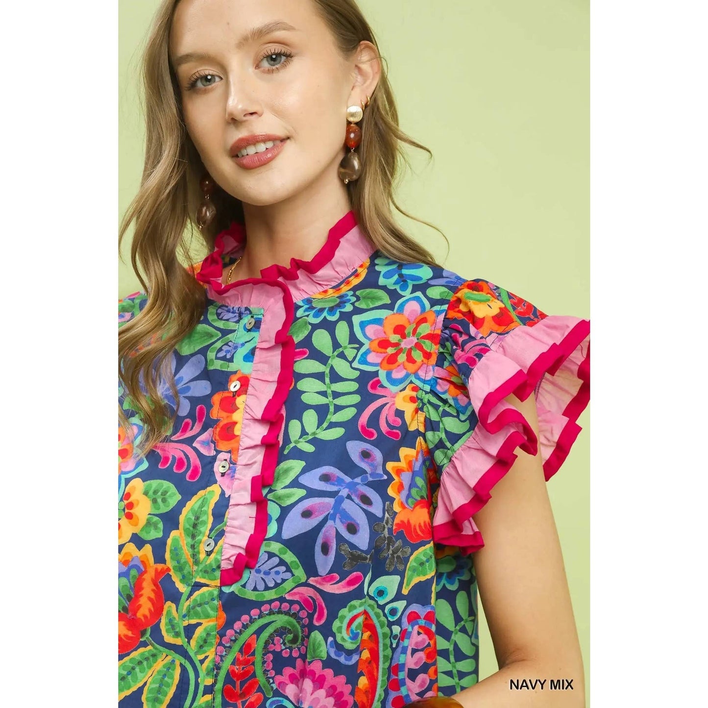 Ruffle Trim Paisley Floral Top