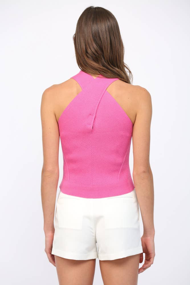 CROSS FRONT HALTER NECK KNIT TOP