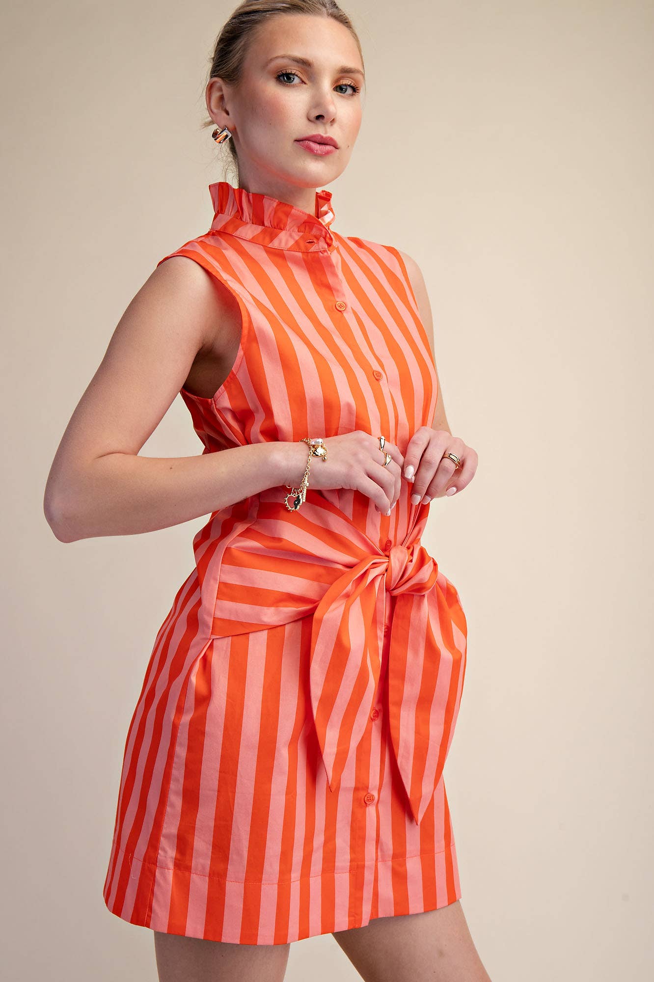 Ruffle Neck Sleeveless Waist Tie Detail Stripe Mini Dress