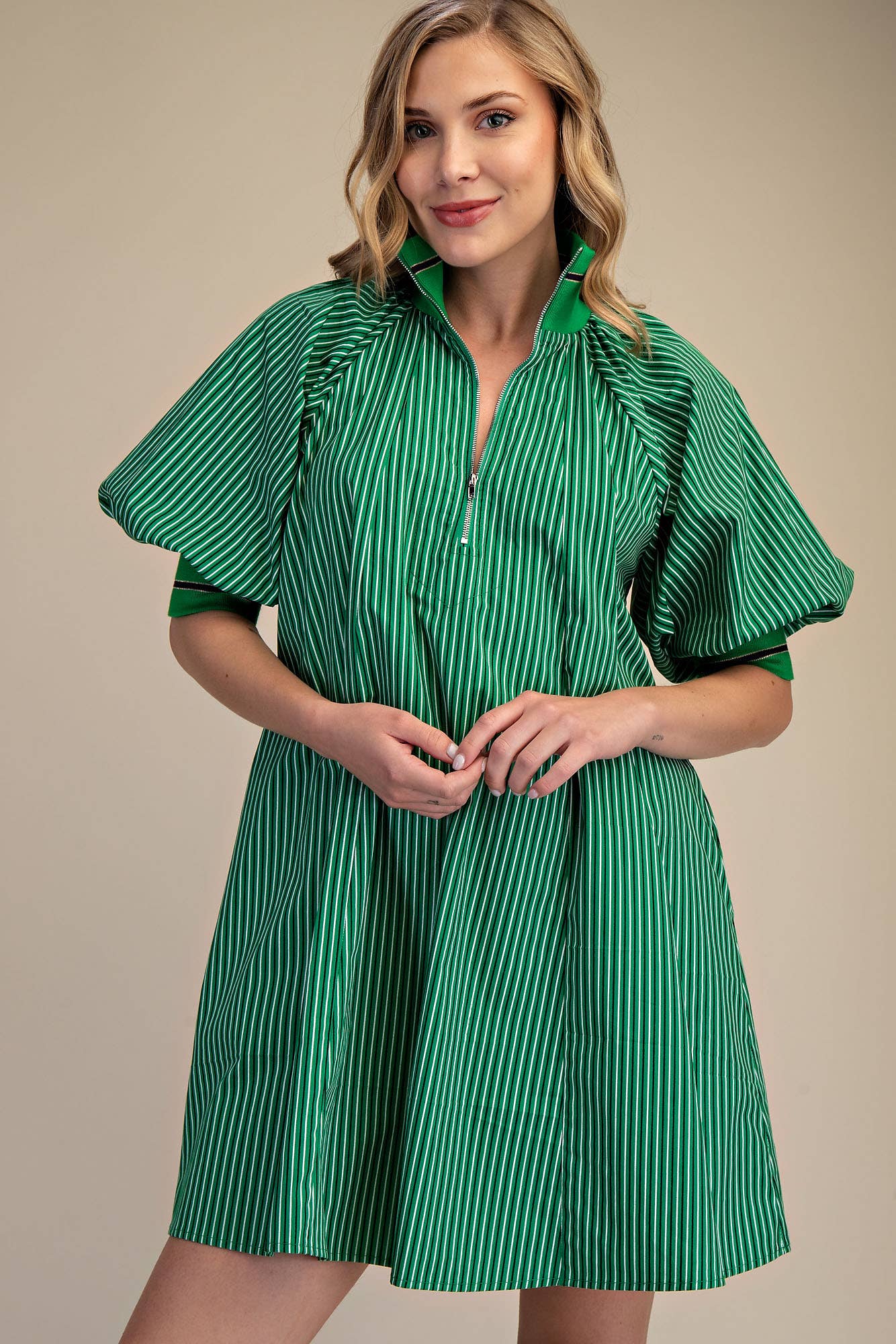 Mock Neck Band Puff Sleeve Casual Mini Dress