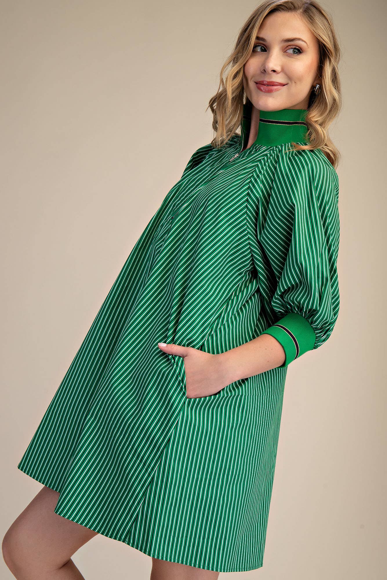 Mock Neck Band Puff Sleeve Casual Mini Dress