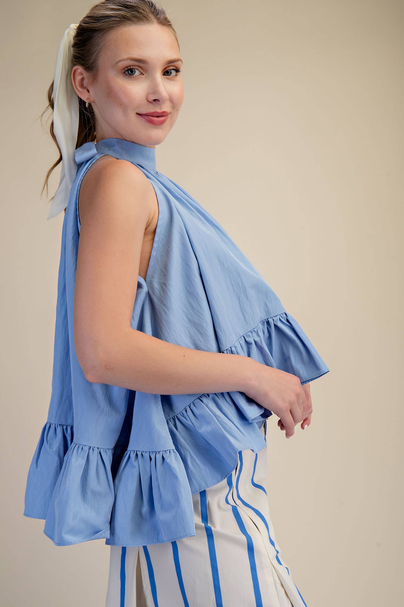 Halter Neck Sleeveless Back Neck Tie Ruffle Top