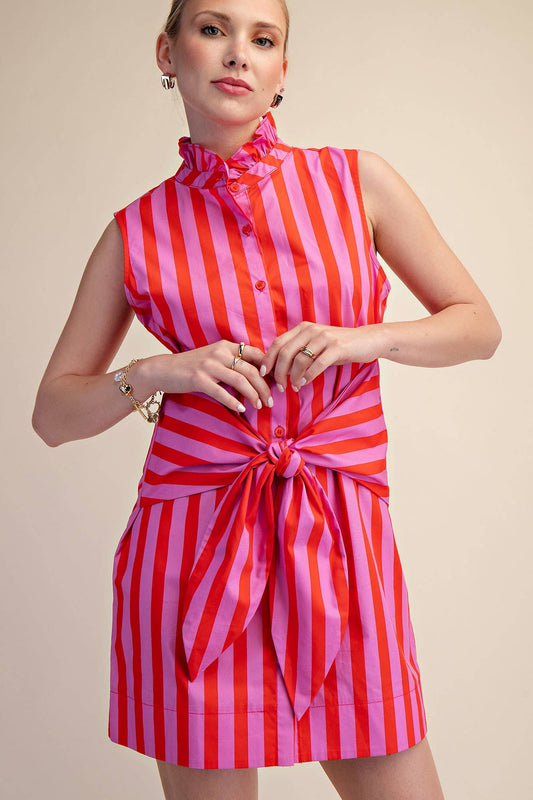 Ruffle Neck Sleeveless Waist Tie Detail Stripe Mini Dress