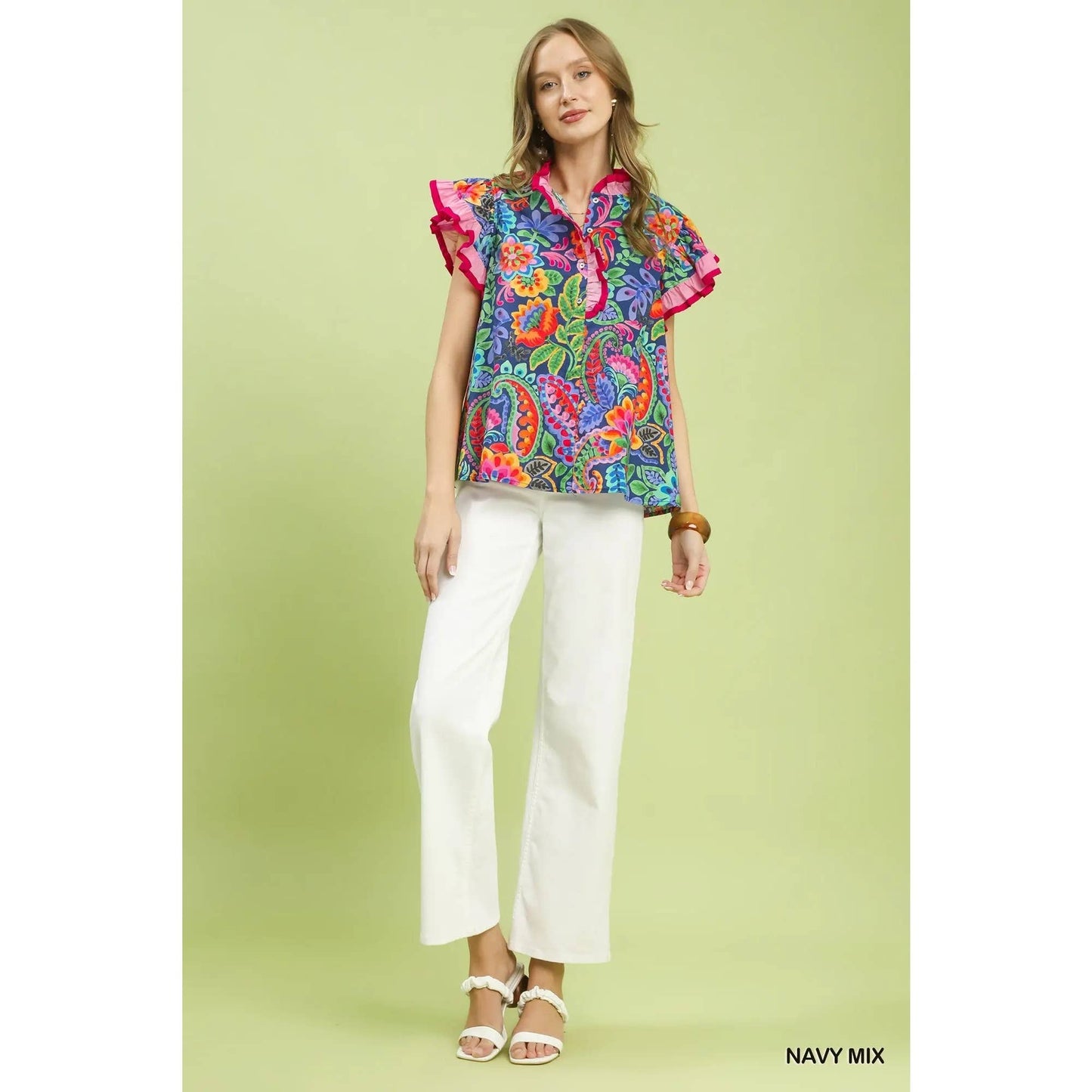 Ruffle Trim Paisley Floral Top