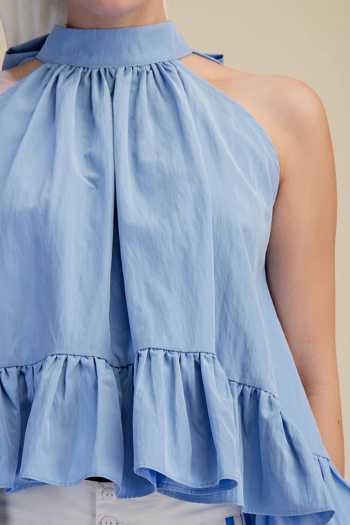 Halter Neck Sleeveless Back Neck Tie Ruffle Top