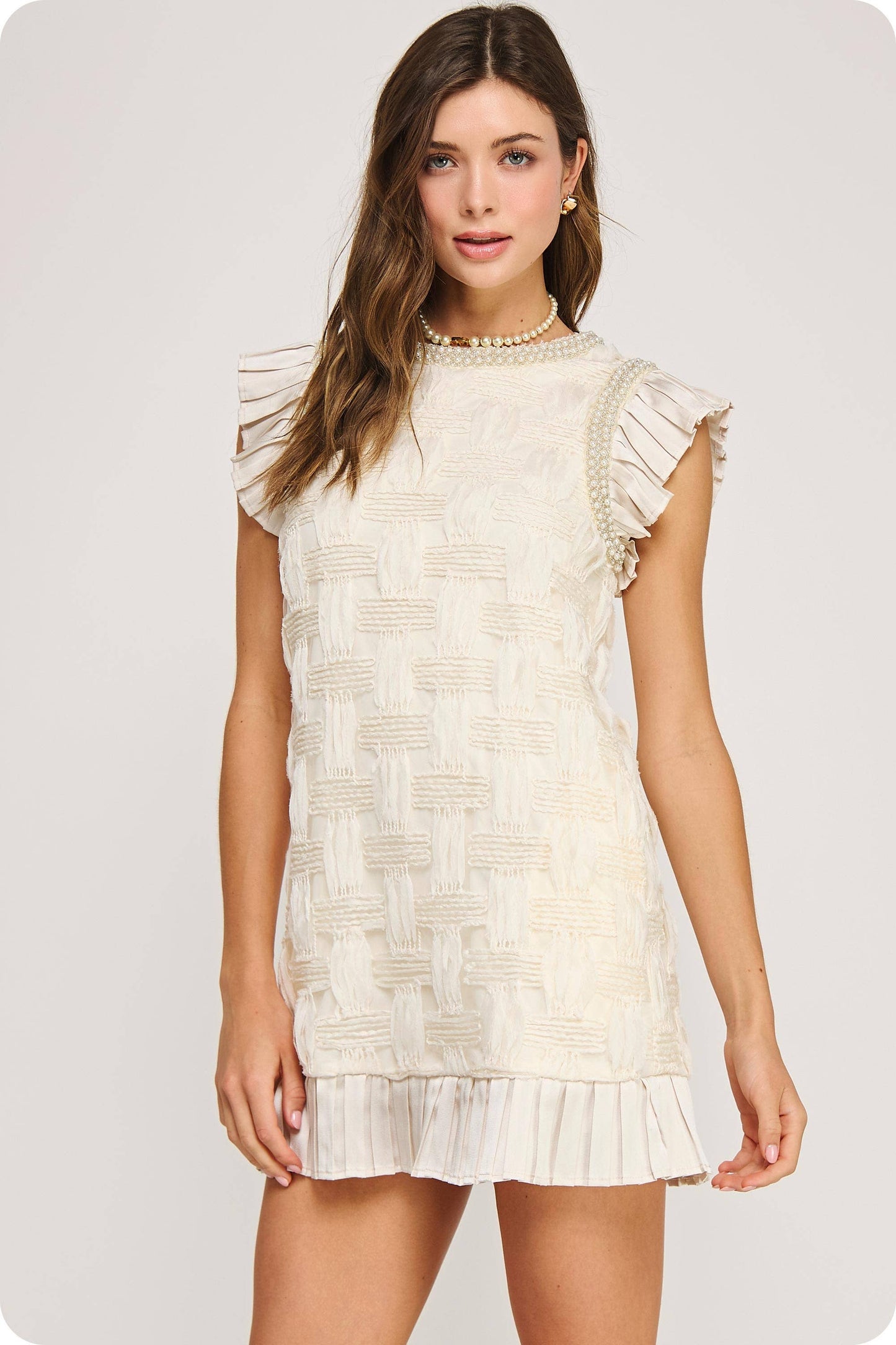 Pearl Trim Detail Textured Mini Dress