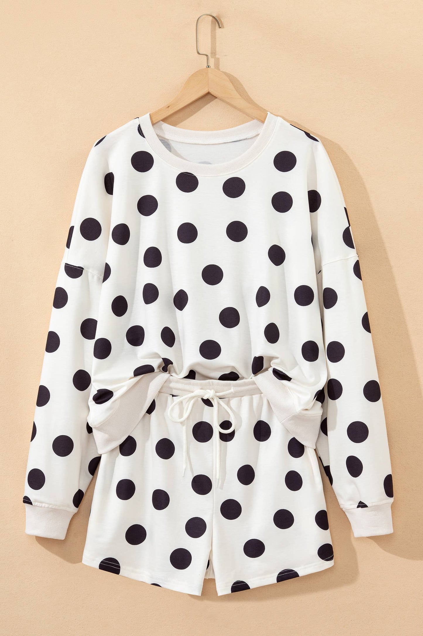 Polka Dot Print Drop Shoulder Pullover and Shorts Set