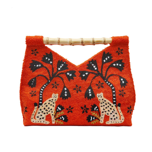 Hand Beaded Bamboo Orange Cheetah Bag