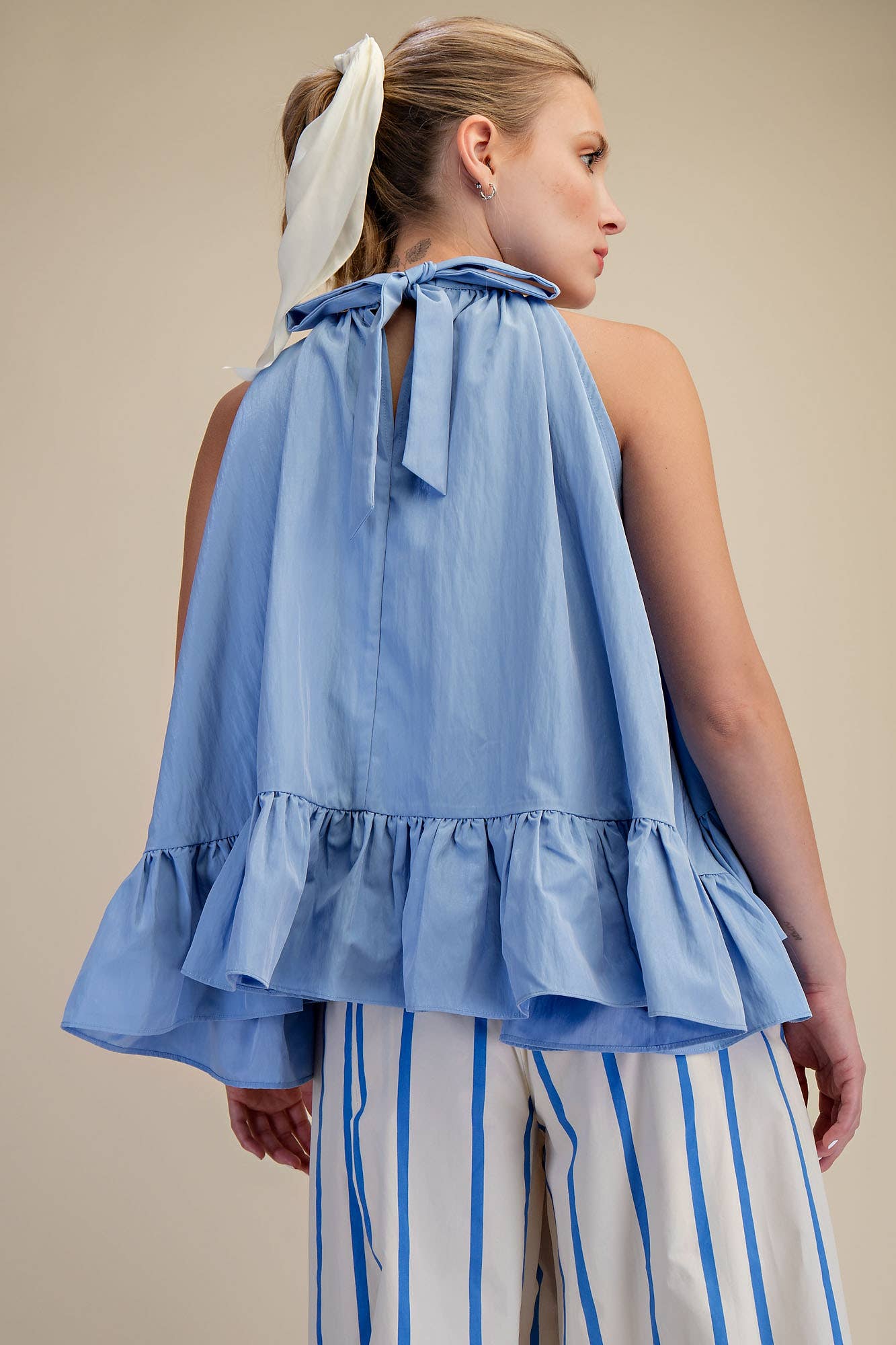 Halter Neck Sleeveless Back Neck Tie Ruffle Top