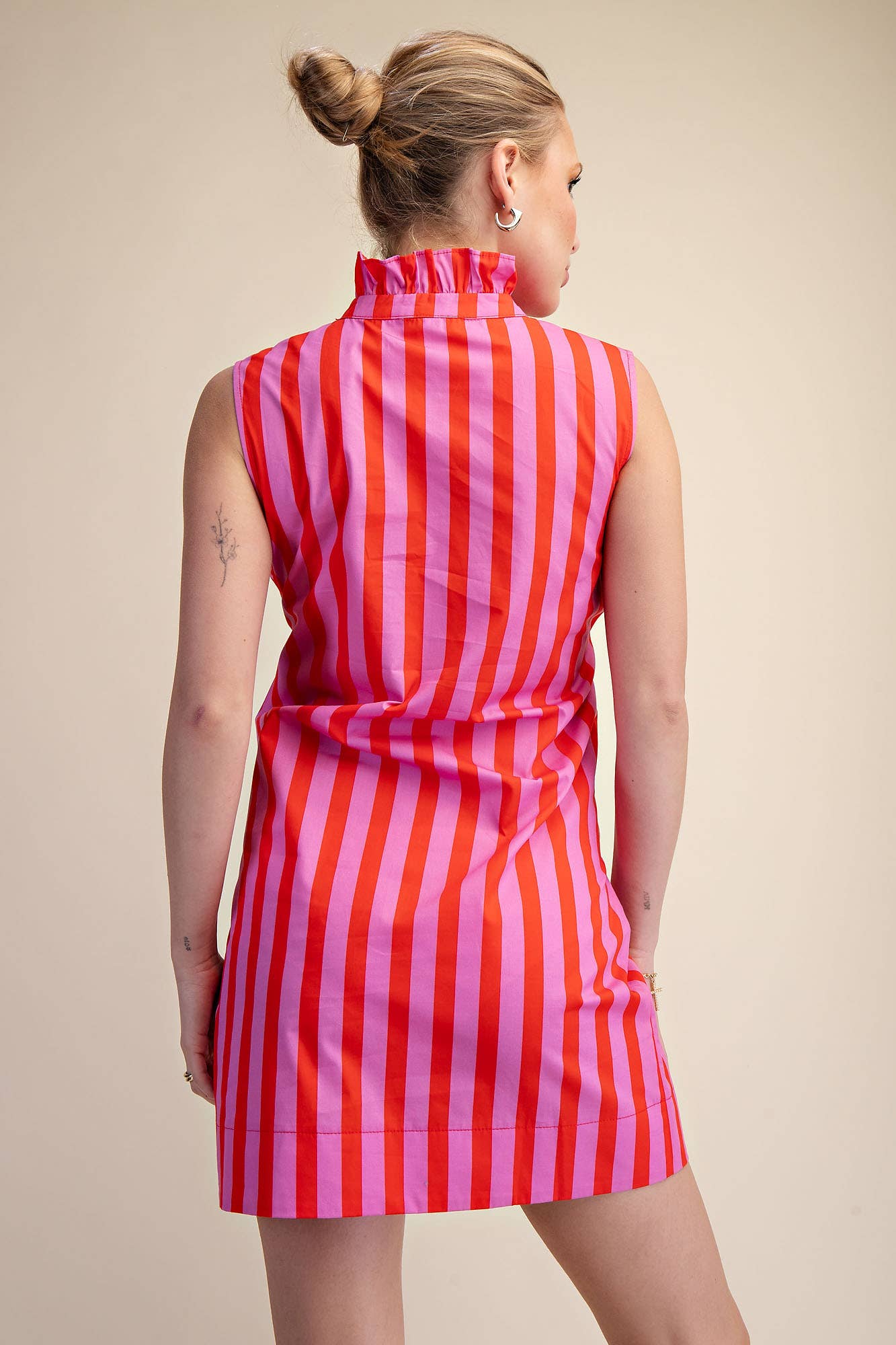Ruffle Neck Sleeveless Waist Tie Detail Stripe Mini Dress