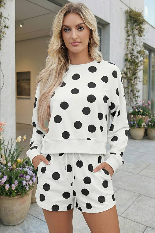 Polka Dot Print Drop Shoulder Pullover and Shorts Set