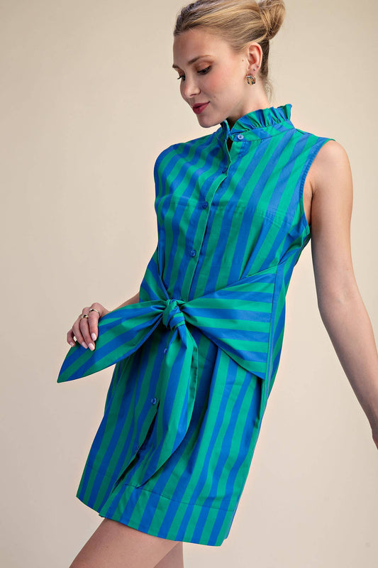 Ruffle Neck Sleeveless Waist Tie Detail Stripe Mini Dress