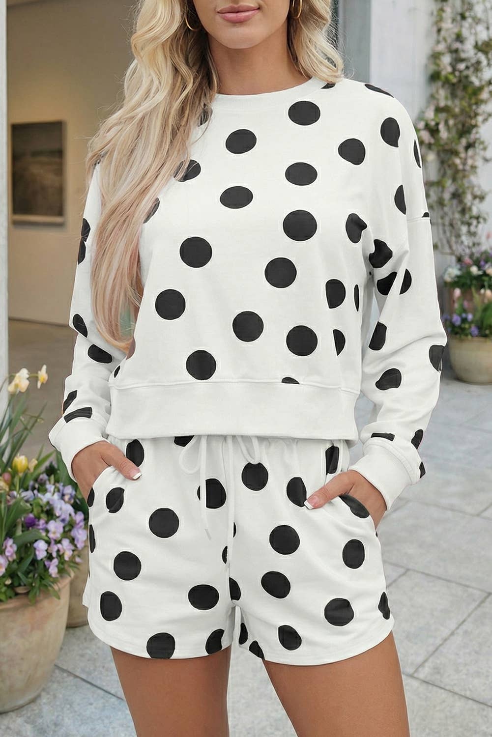 Polka Dot Print Drop Shoulder Pullover and Shorts Set