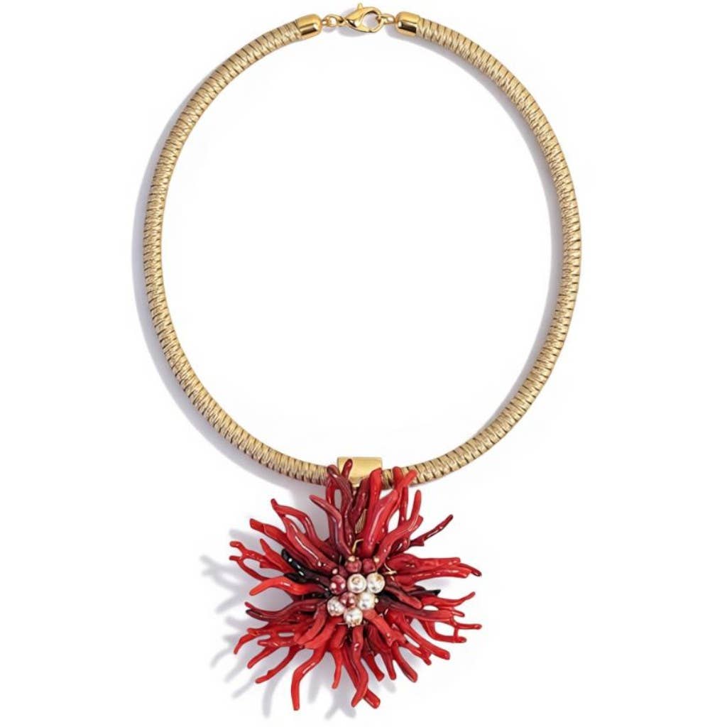 Red Coral Flower Collar Necklace | Coastal Statement Jewelry