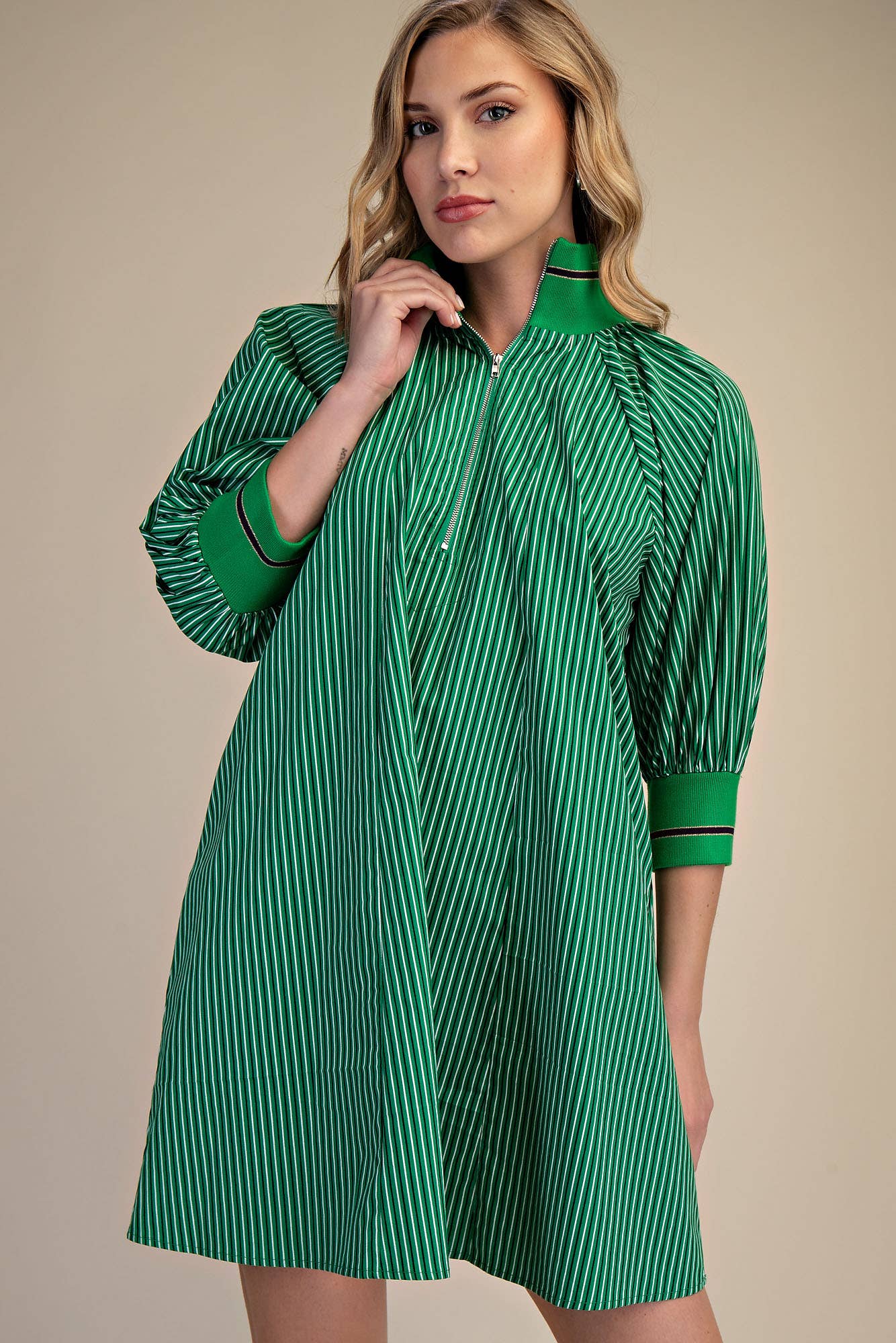 Mock Neck Band Puff Sleeve Casual Mini Dress