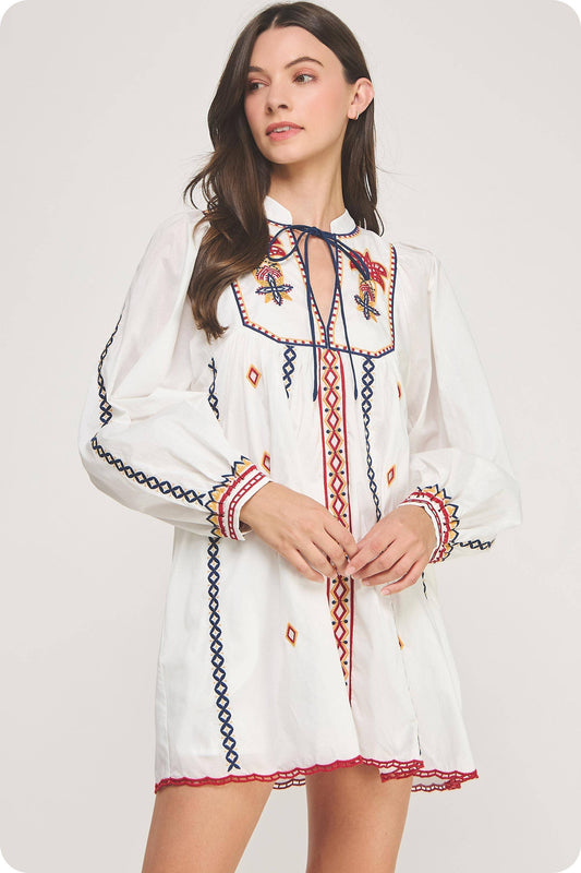Embroidered Long Sleeve Mini Dress
