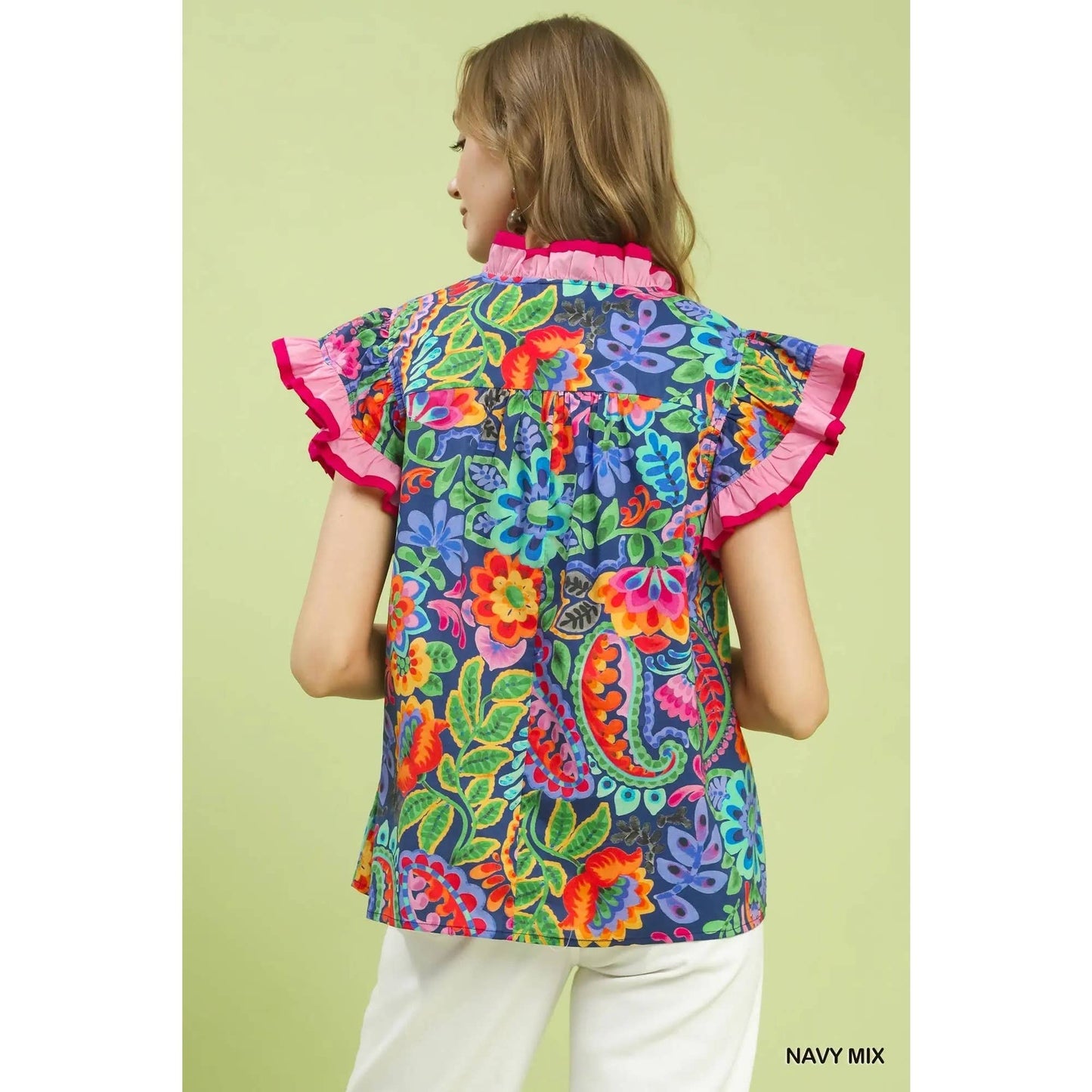 Ruffle Trim Paisley Floral Top